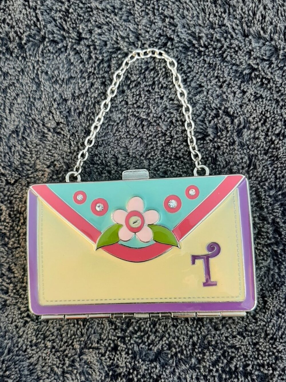 Ganz Business Card Holder Enamel Initial “T” Purse 4" x 2.5"